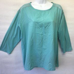 Van Heusen Women's Top Teal 3/4 Sleeve Lace Side Slits Blouse Tunic Tee Size M